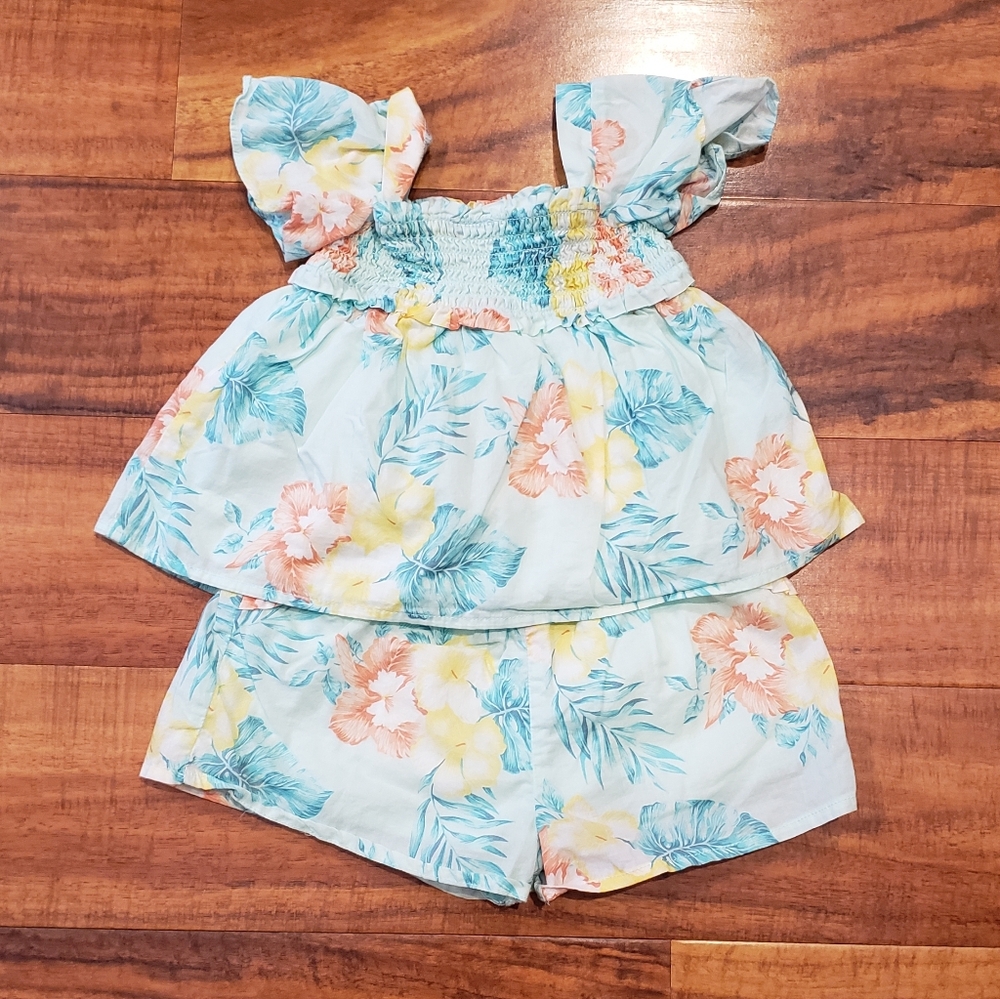 Janie and Jack EUC 12-18 month mint hibiscus floral blouse and shorts